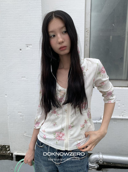 DKZ OFFICIAL Floral Hooded Zip Lightweight Cropped Half Sleeve Women&