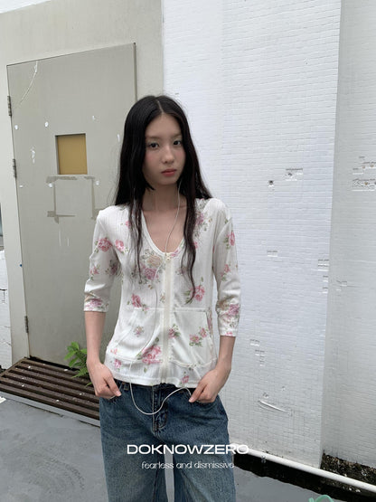 DKZ OFFICIAL Floral Hooded Zip Lightweight Cropped Half Sleeve Women&
