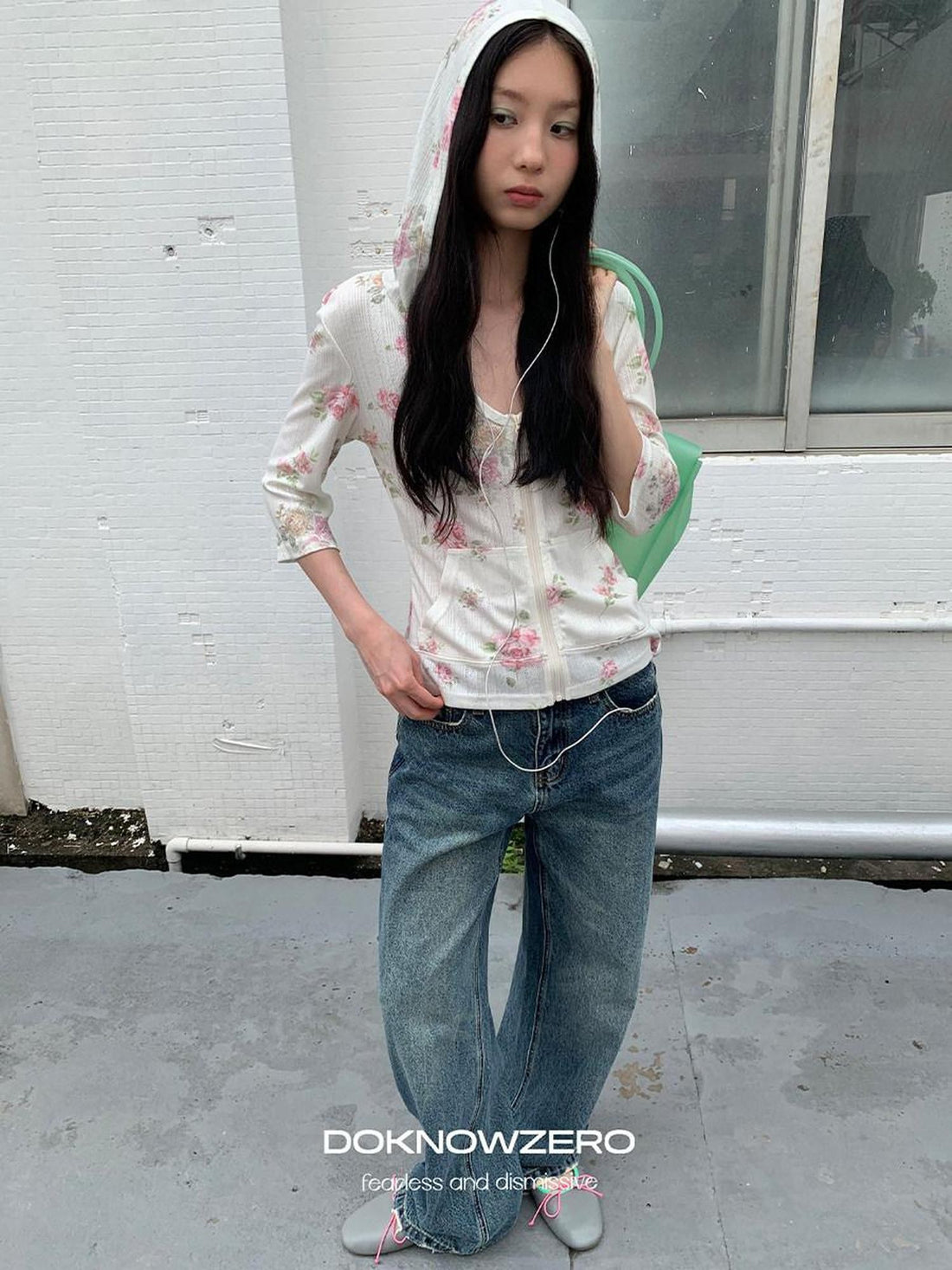 DKZ OFFICIAL Floral Hooded Zip Lightweight Cropped Half Sleeve Women&