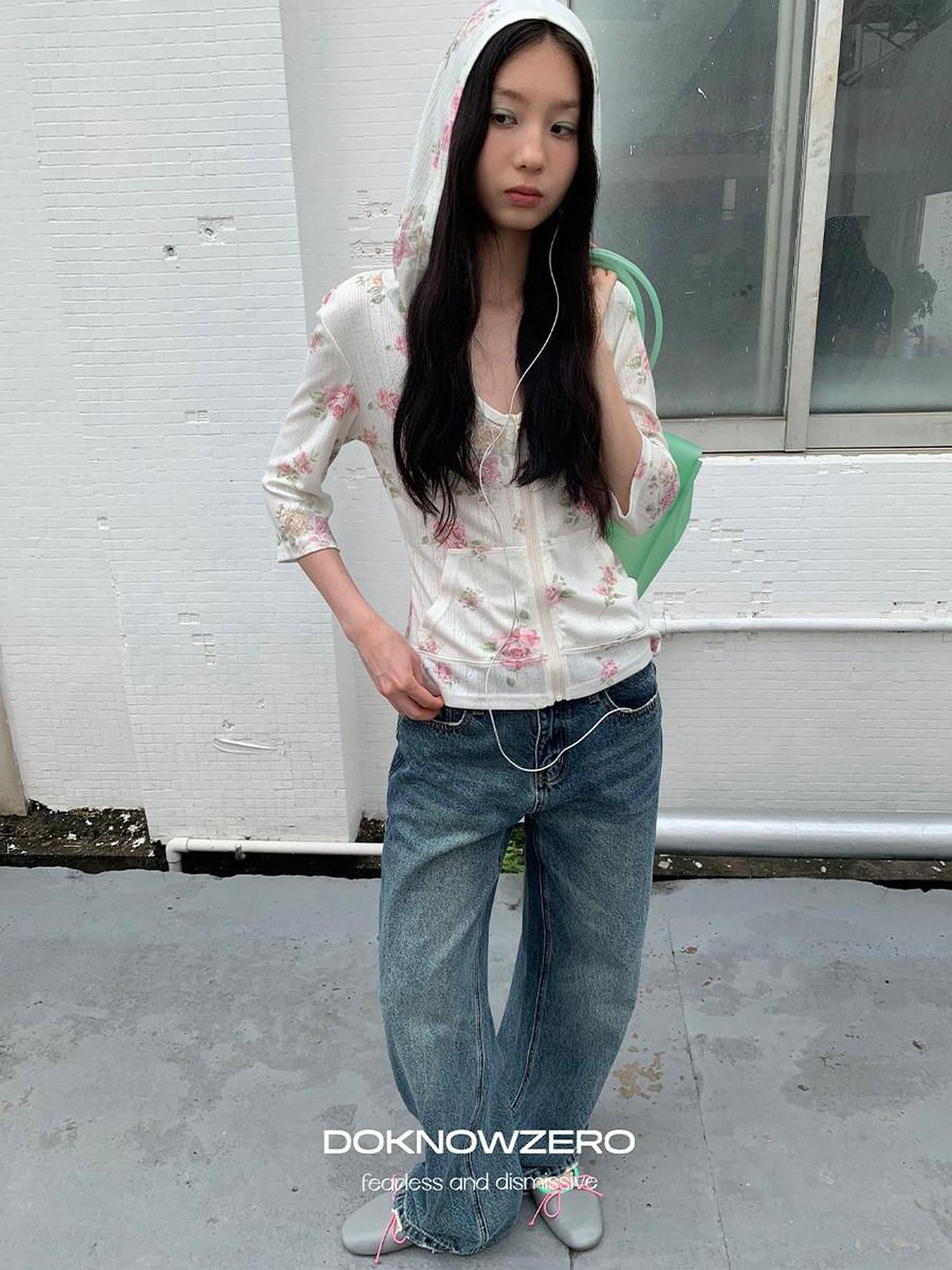 DKZ OFFICIAL Floral Hooded Zip Lightweight Cropped Half Sleeve Women&