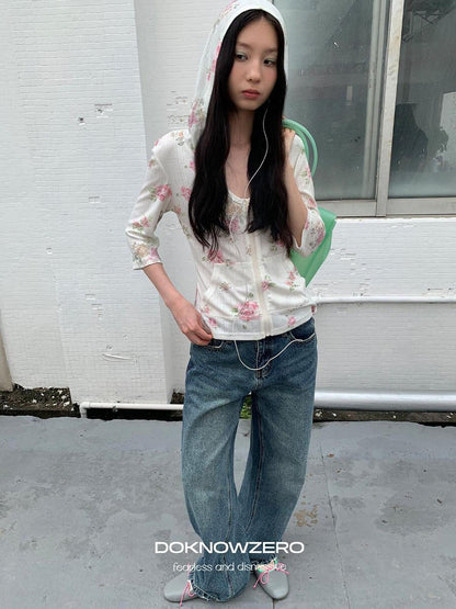 DKZ OFFICIAL Floral Hooded Zip Lightweight Cropped Half Sleeve Women&