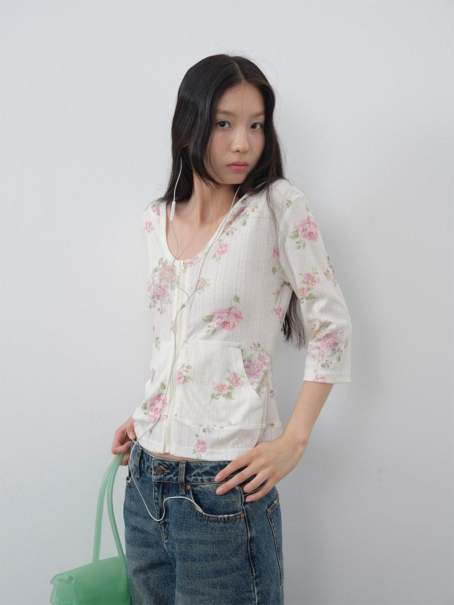 DKZ OFFICIAL Floral Hooded Zip Lightweight Cropped Half Sleeve Women&