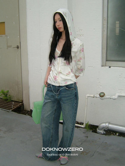 DKZ OFFICIAL Floral Hooded Zip Lightweight Cropped Half Sleeve Women&