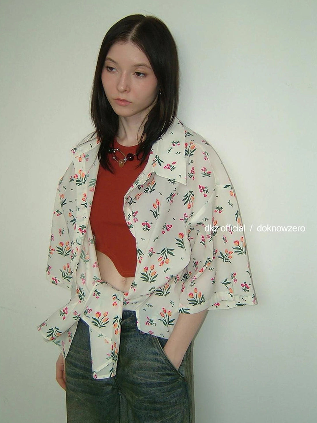 DKZ OFFICIAL Floral Linen Blend Oversized Shirt Dress