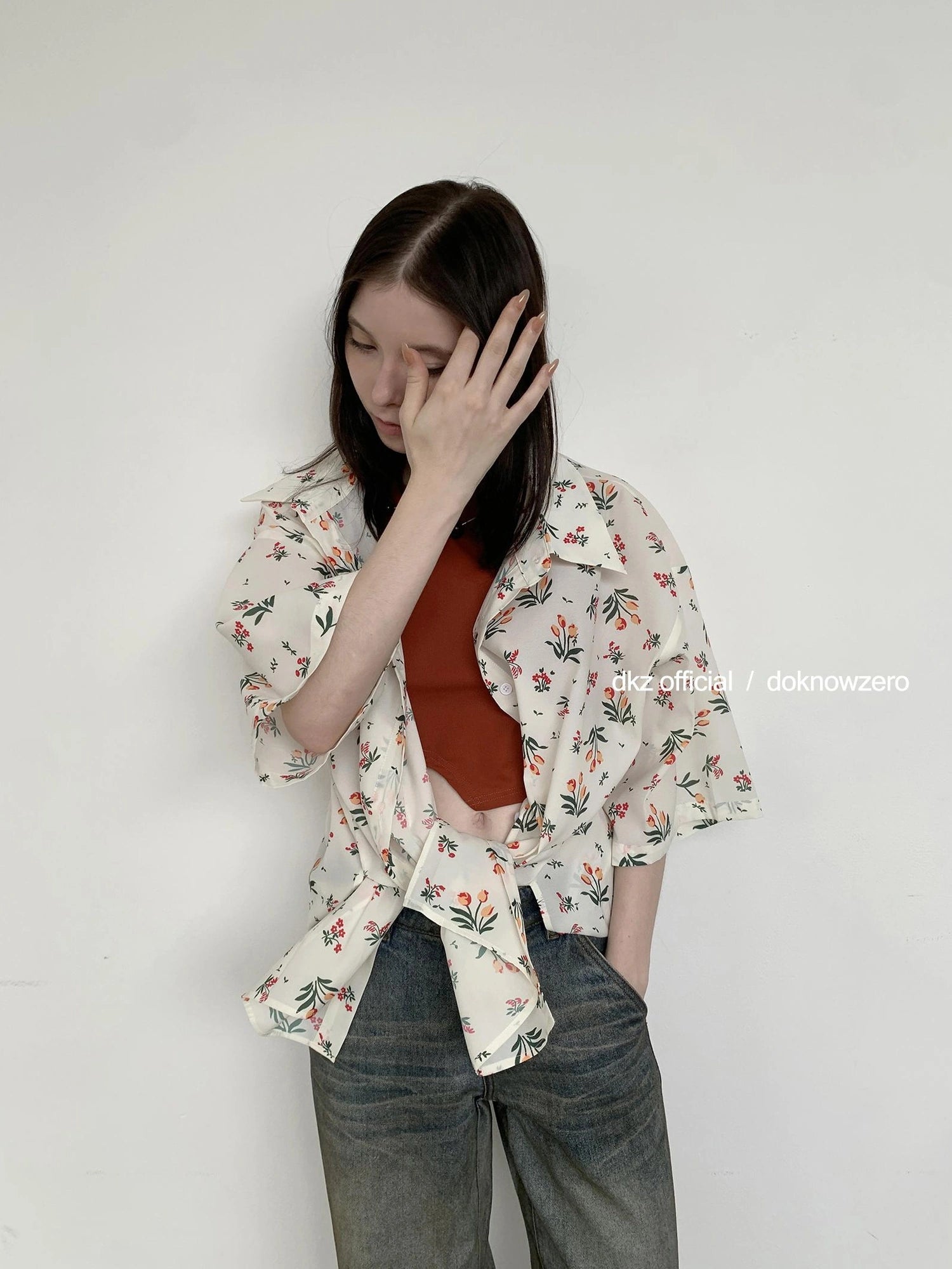 DKZ OFFICIAL Floral Linen Blend Oversized Shirt Dress