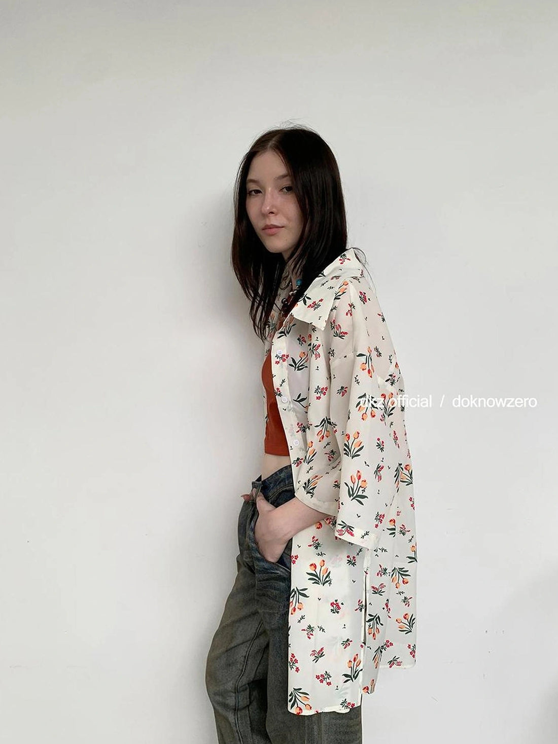 DKZ OFFICIAL Floral Linen Blend Oversized Shirt Dress