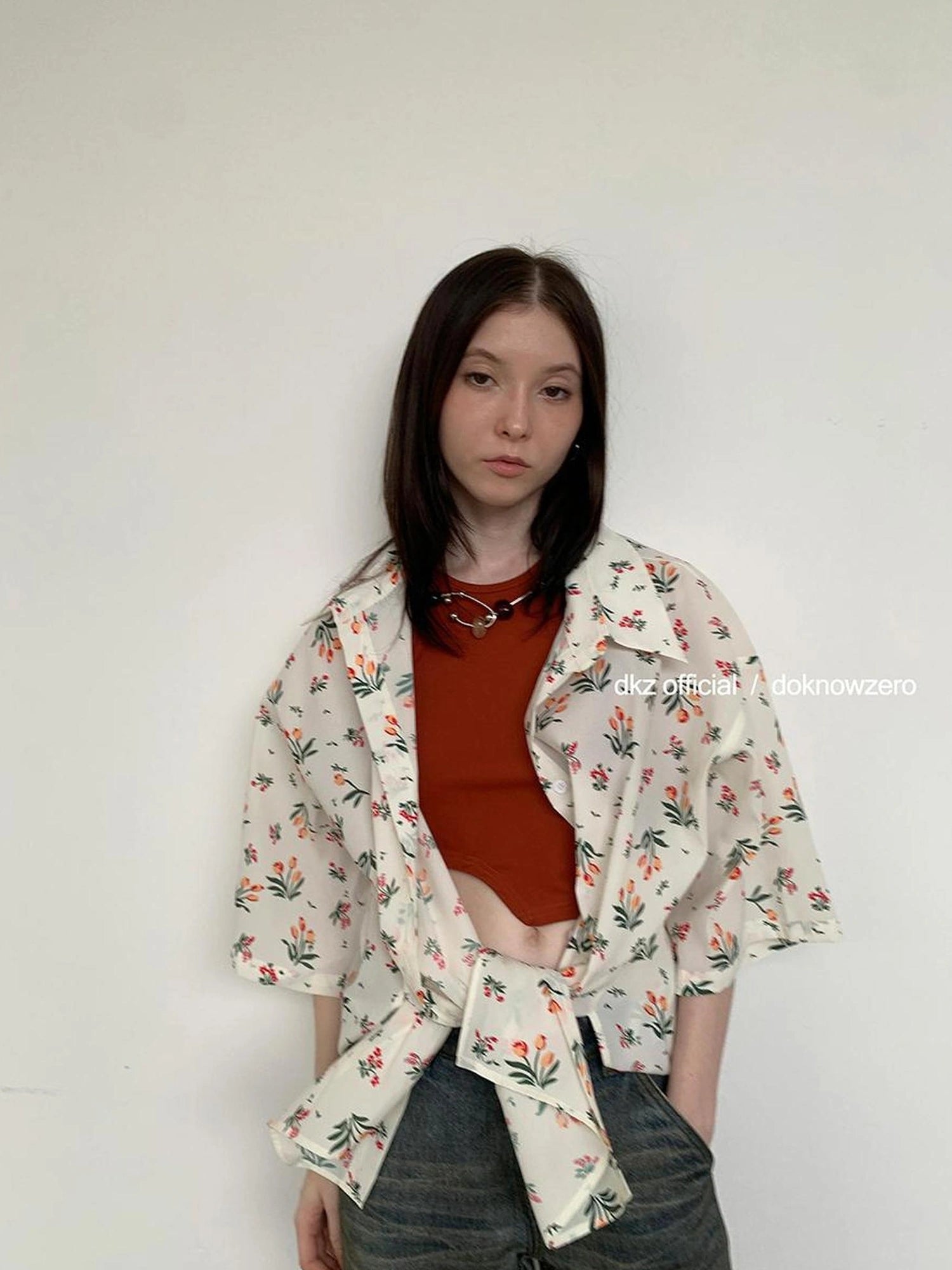 DKZ OFFICIAL Floral Linen Blend Oversized Shirt Dress