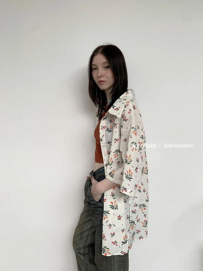 DKZ OFFICIAL Floral Linen Blend Oversized Shirt Dress
