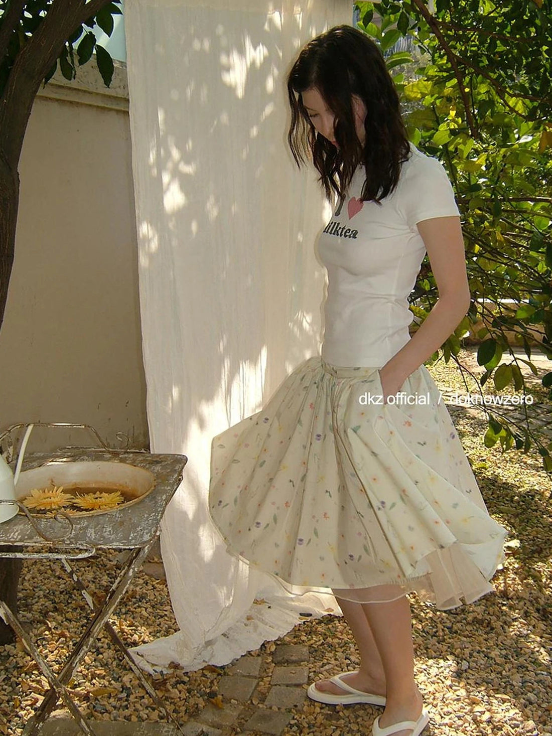 DKZ OFFICIAL Floral Print Midi Skirt In Apricot