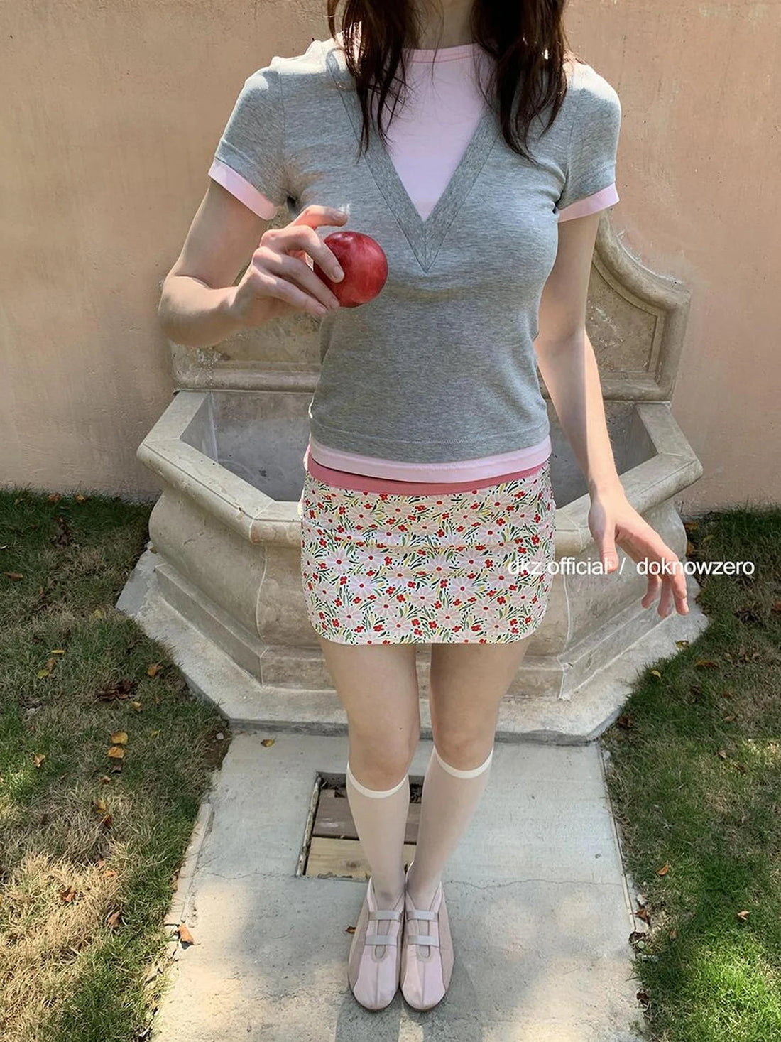 DKZ OFFICIAL Floral Print Pink Knit Straight Skirt Summer Sweet Spicy