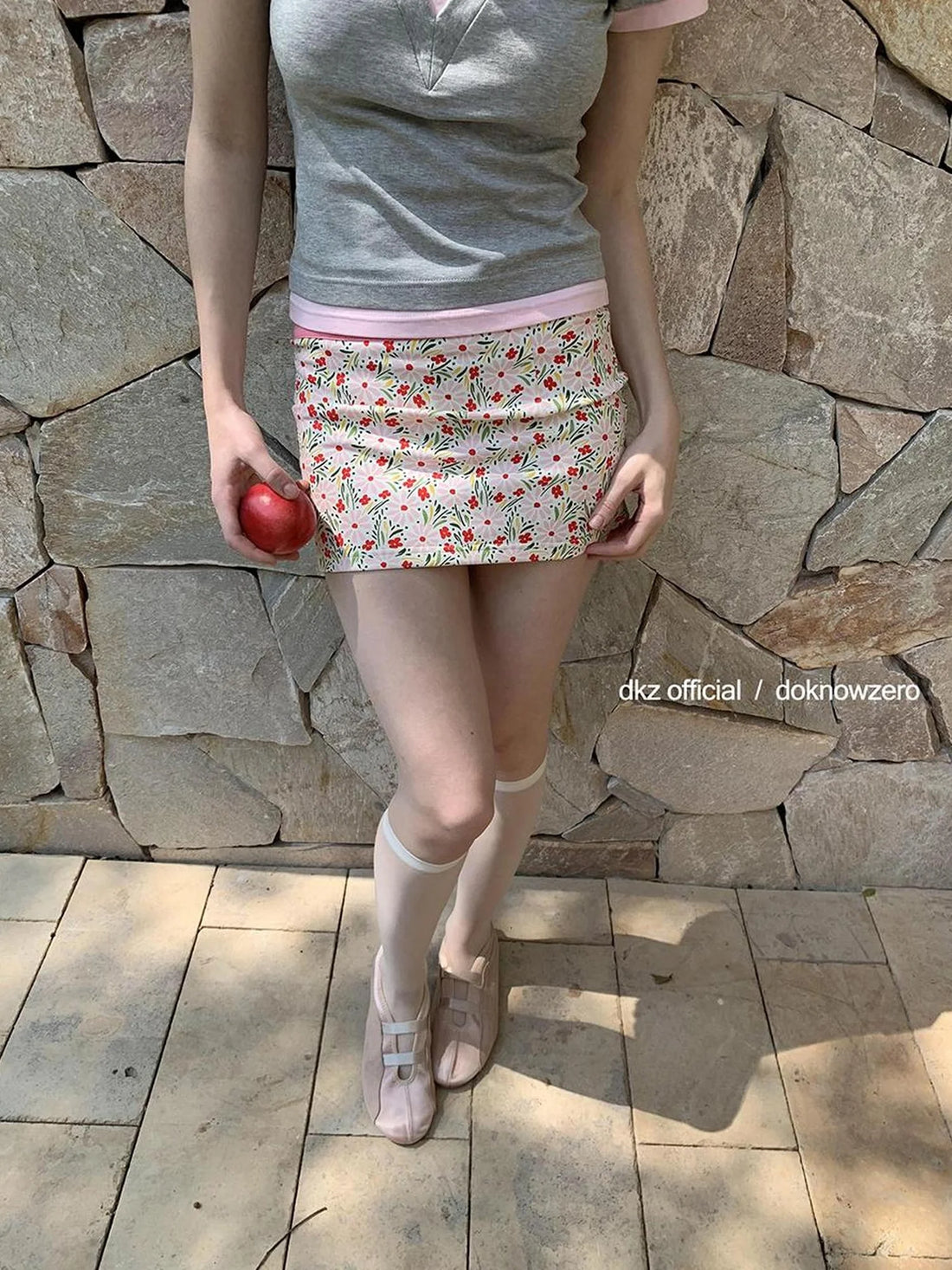 DKZ OFFICIAL Floral Print Pink Knit Straight Skirt Summer Sweet Spicy