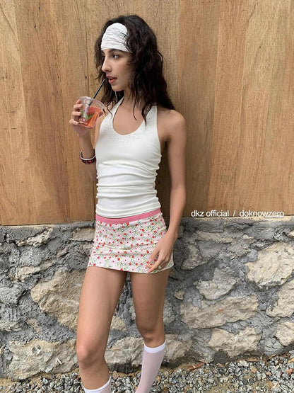 DKZ OFFICIAL Floral Print Pink Knit Straight Skirt Summer Sweet Spicy