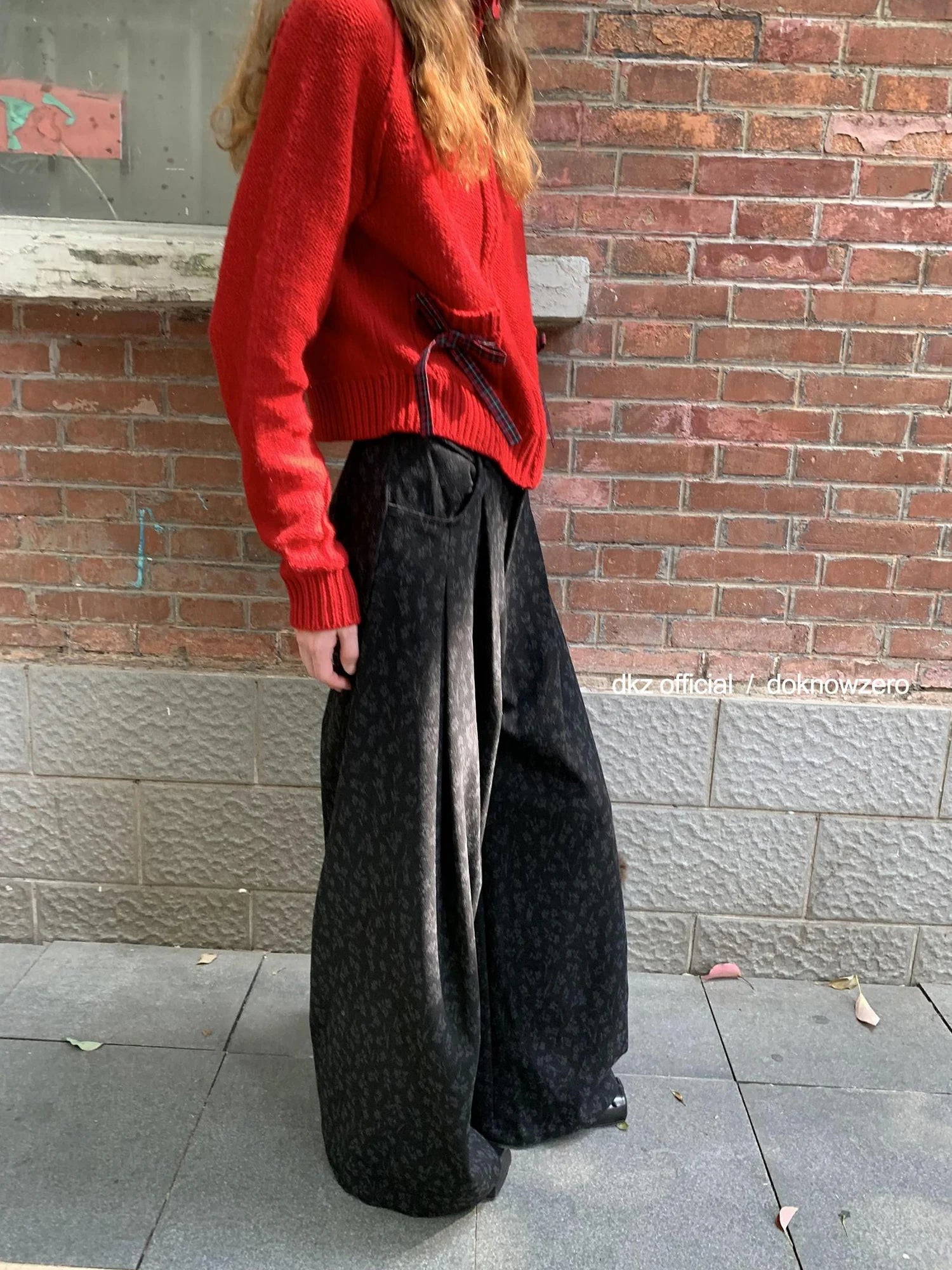 DKZ OFFICIAL Floral Print Wide Leg Trousers With Drape