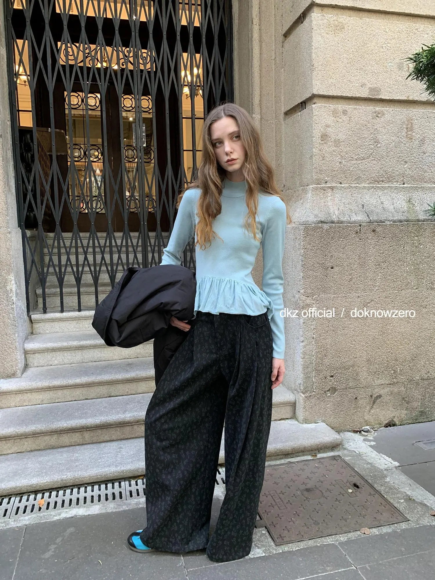 DKZ OFFICIAL Floral Print Wide Leg Trousers With Drape