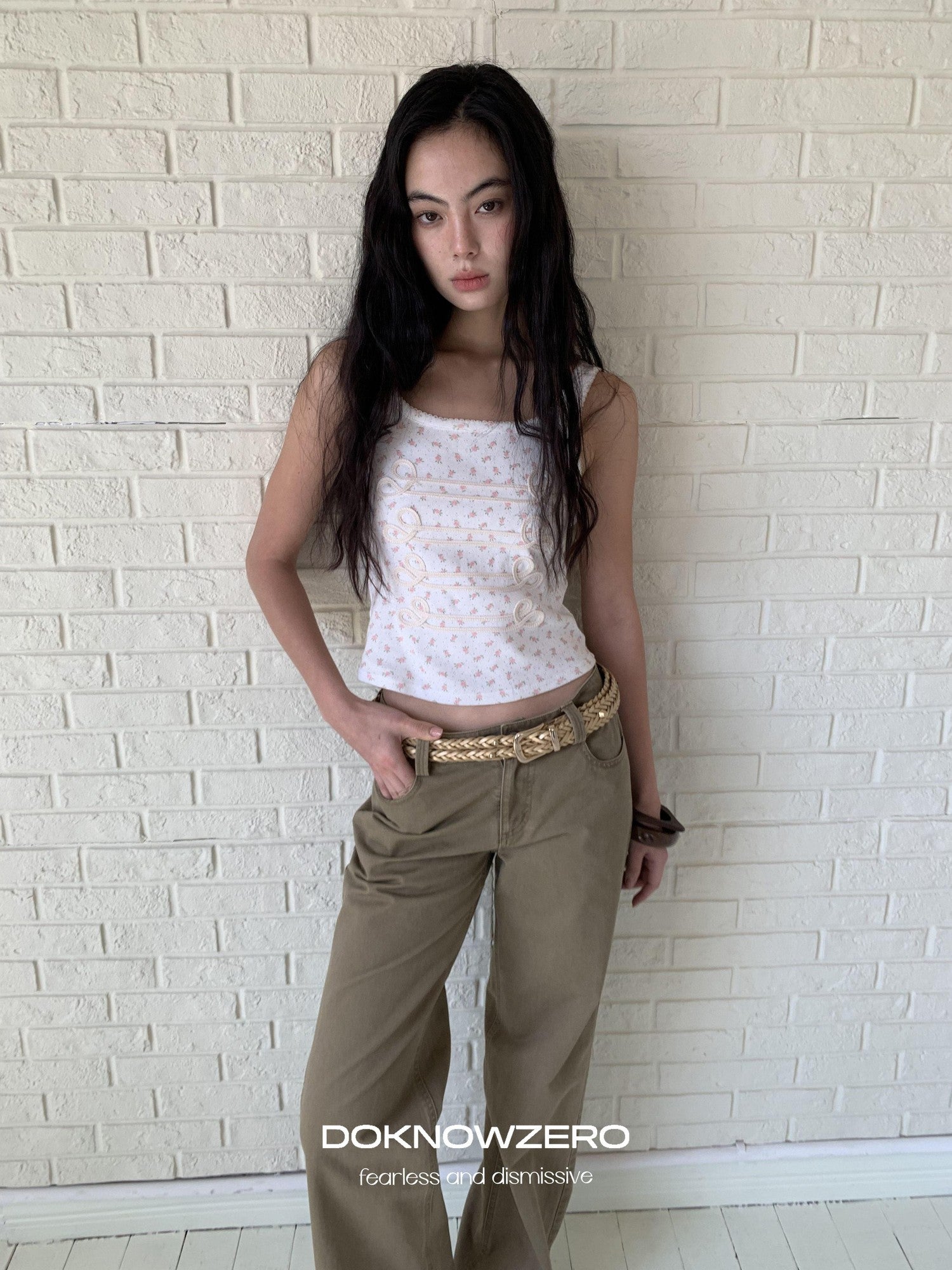 DKZ OFFICIAL Floral Square Neck Braided Knot Slim Women&