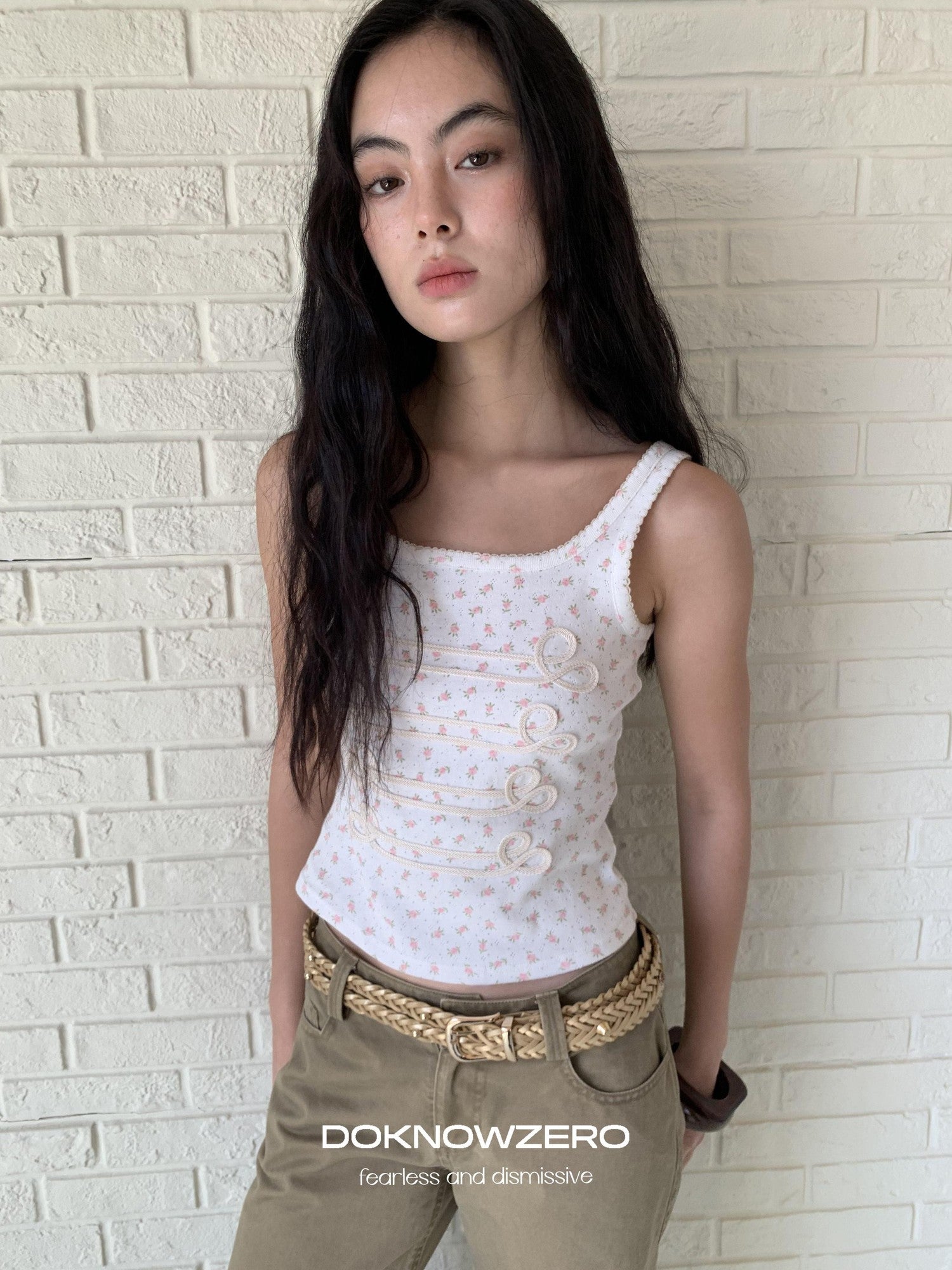 DKZ OFFICIAL Floral Square Neck Braided Knot Slim Women&
