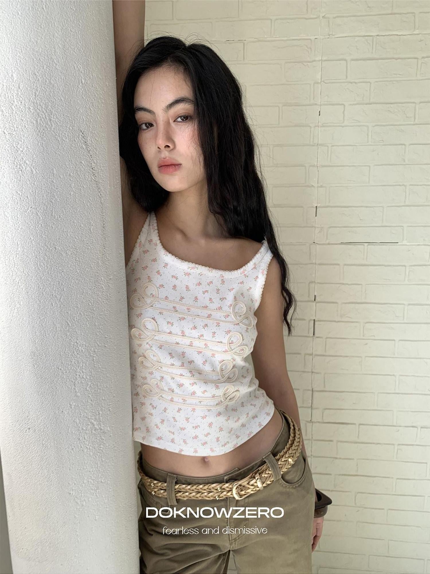 DKZ OFFICIAL Floral Square Neck Braided Knot Slim Women&