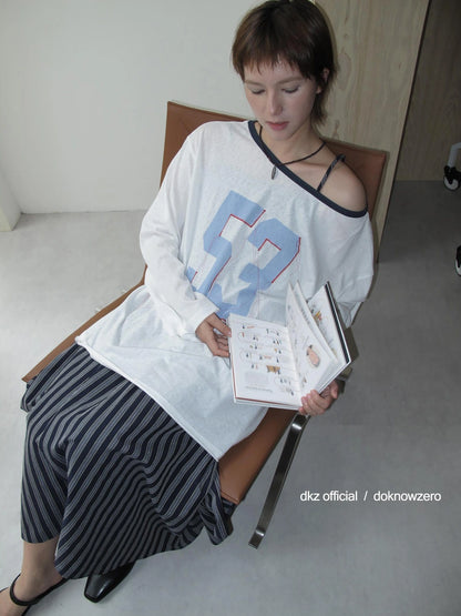 DKZ OFFICIAL Flowy Fringed Letter Print Cold Shoulder Blouse