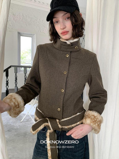 DKZ OFFICIAL Fluffy Collar Spliced Wool Deer Print Waist Women&