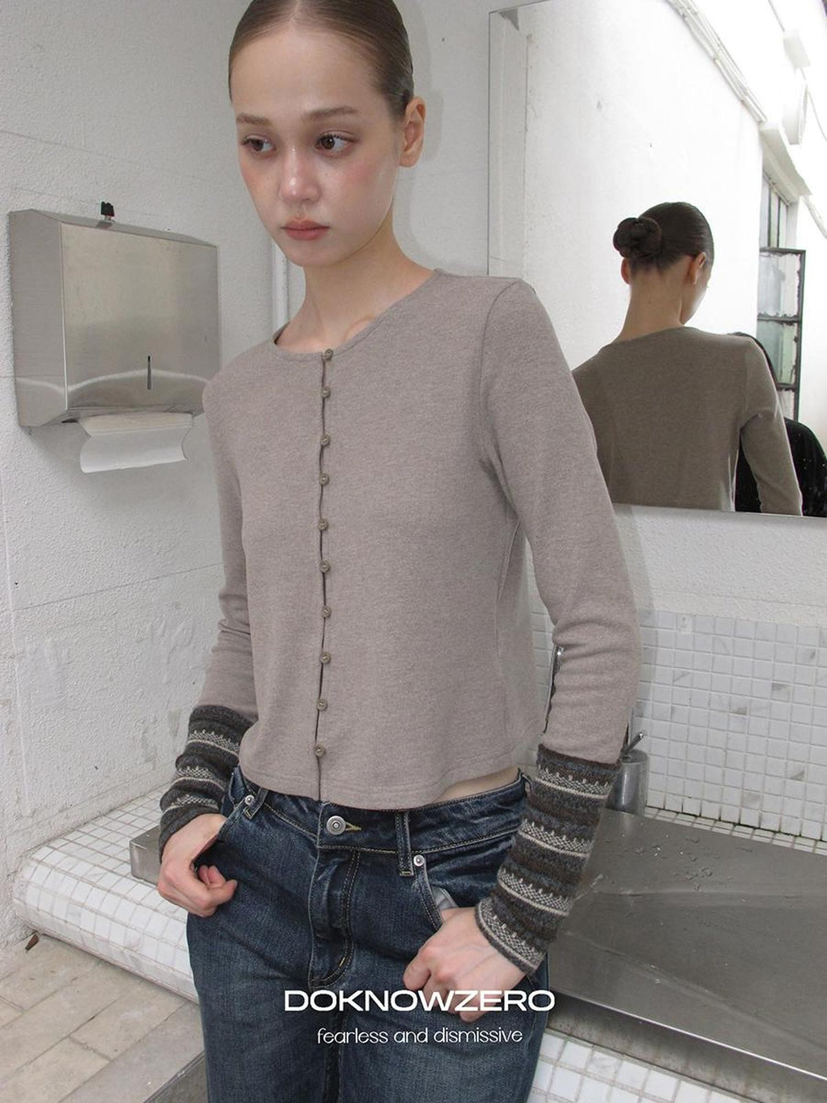 DKZ OFFICIAL Forest Patchwork Sleeve Slim Fit Retro Women&