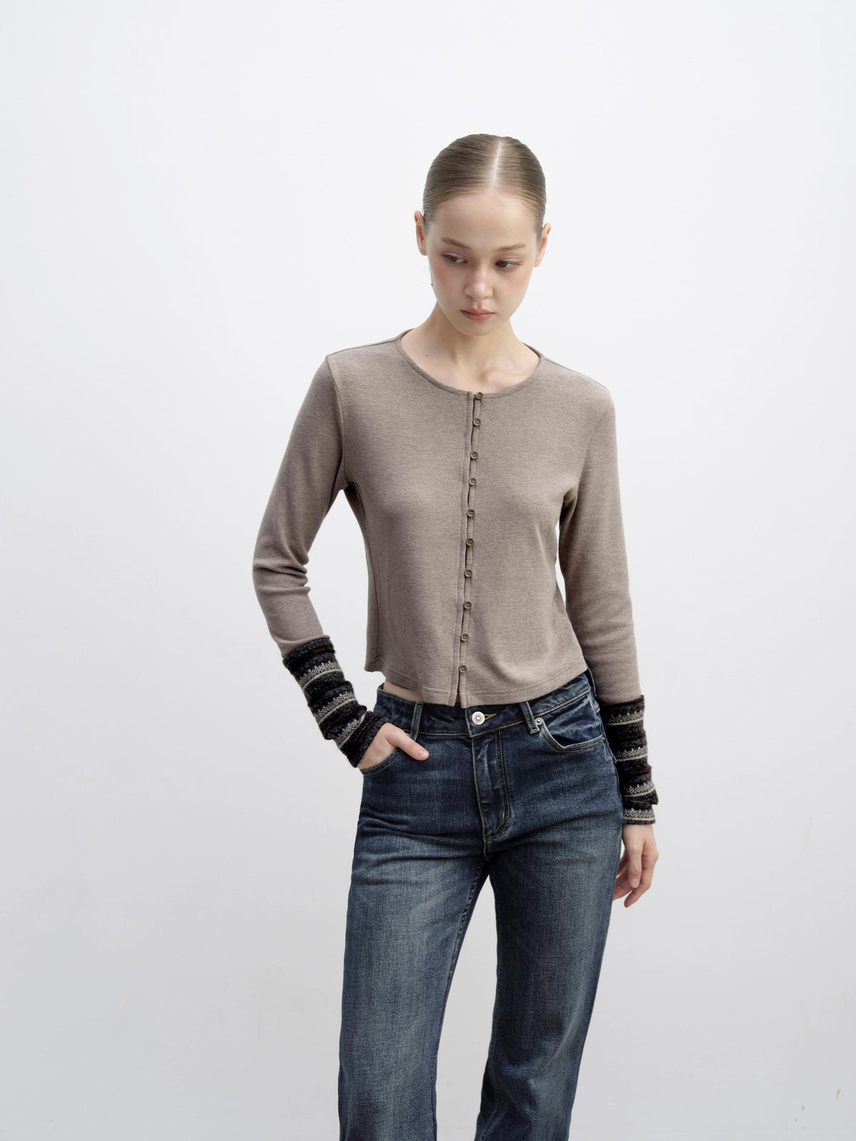 DKZ OFFICIAL Forest Patchwork Sleeve Slim Fit Retro Women&