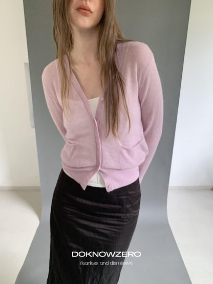 DKZ OFFICIAL Fuzzy Alpaca Wool Knit V-neck Button Pocket Women&