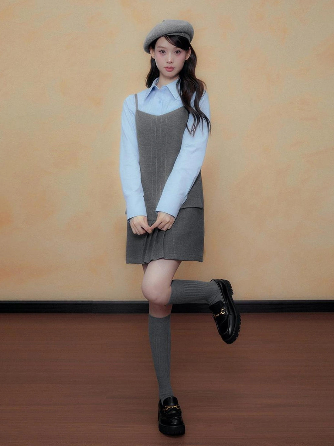 DKZ OFFICIAL Gray A Line Pleated Slip Dress Autumn New