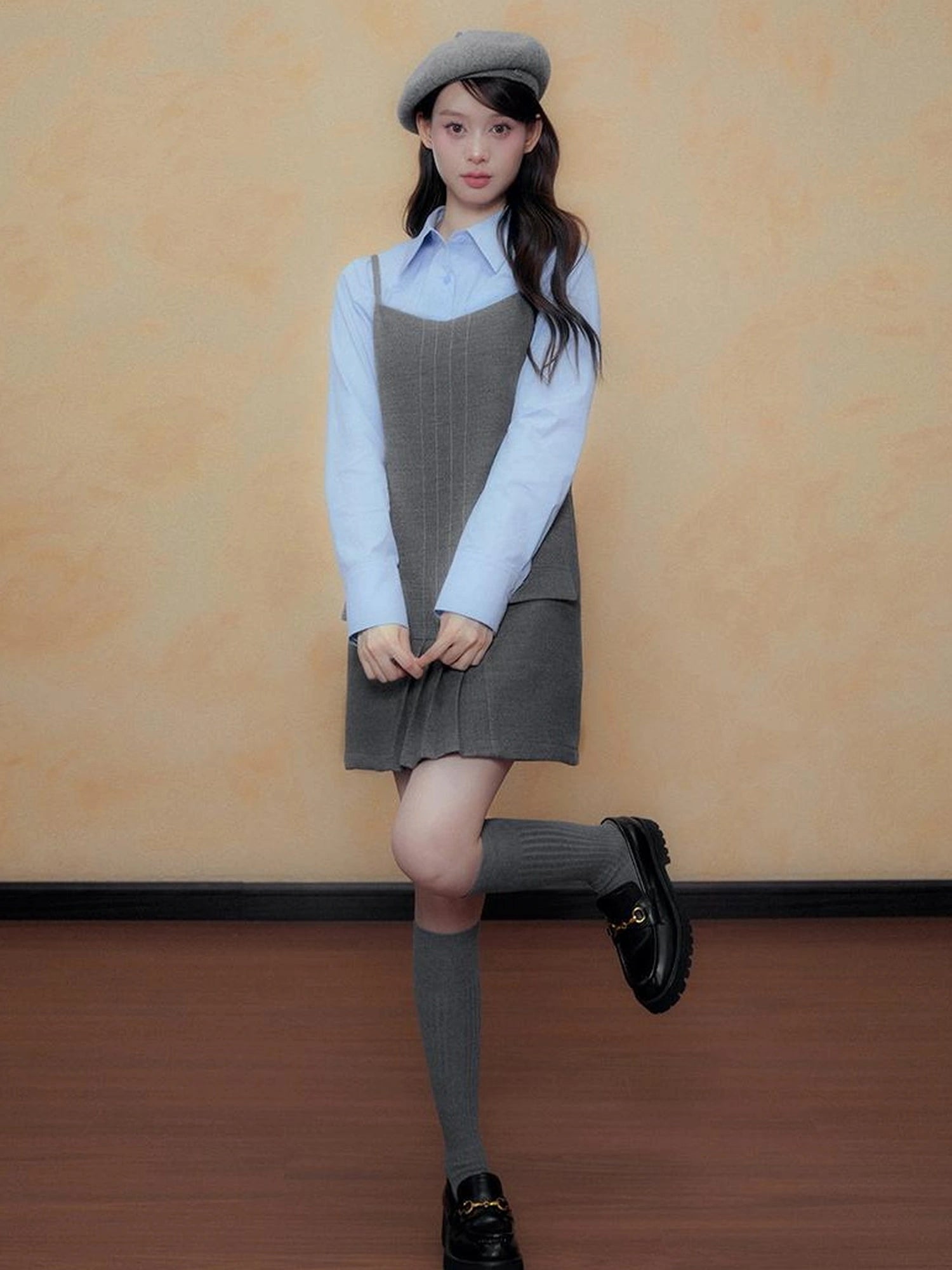 DKZ OFFICIAL Gray A Line Pleated Slip Dress Autumn New