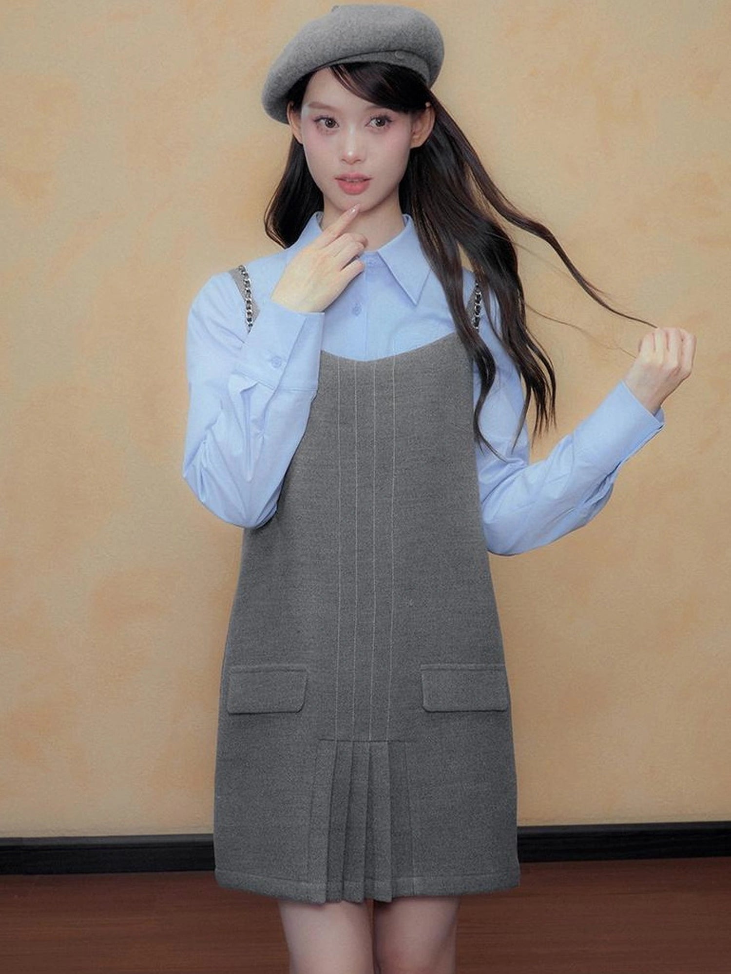DKZ OFFICIAL Gray A Line Pleated Slip Dress Autumn New