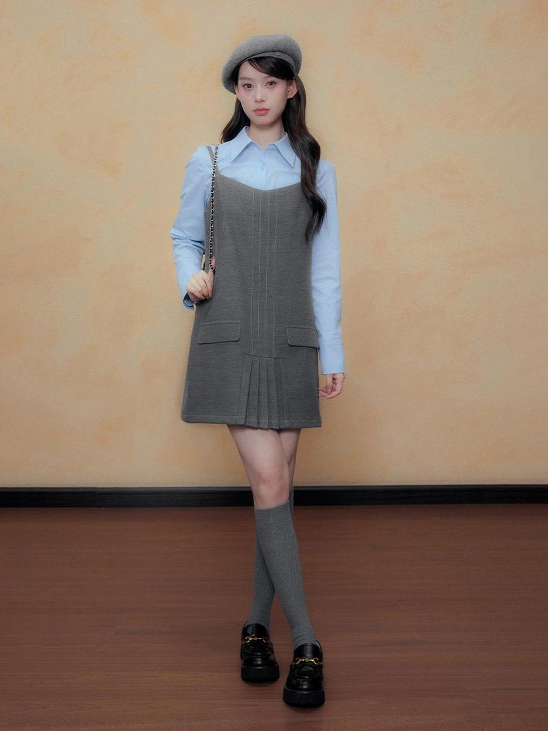 DKZ OFFICIAL Gray A Line Pleated Slip Dress Autumn New