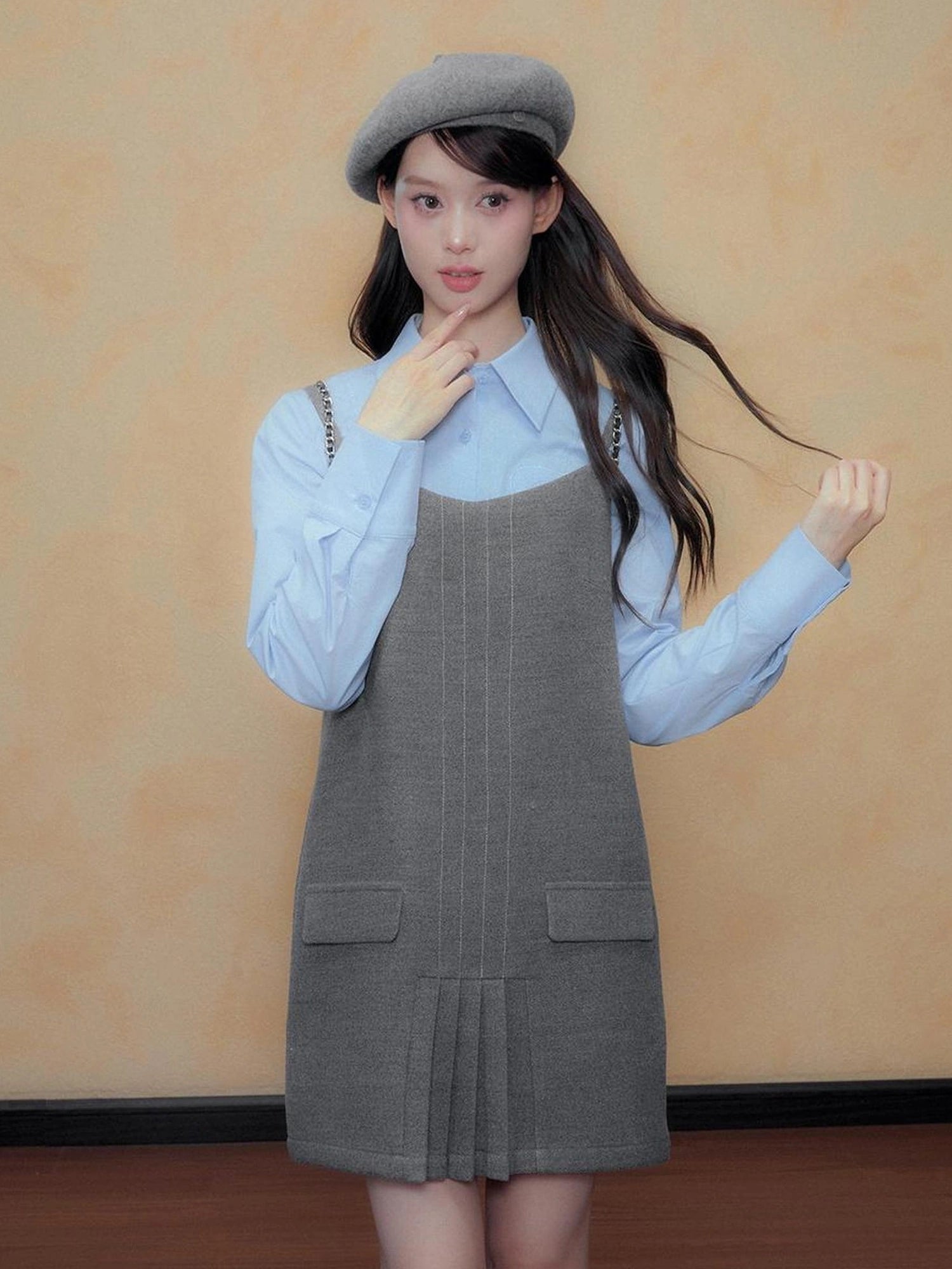 DKZ OFFICIAL Gray A Line Pleated Slip Dress Autumn New
