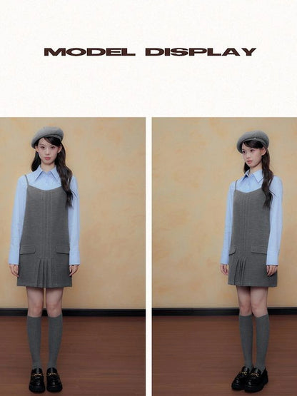 DKZ OFFICIAL Gray A Line Pleated Slip Dress Autumn New