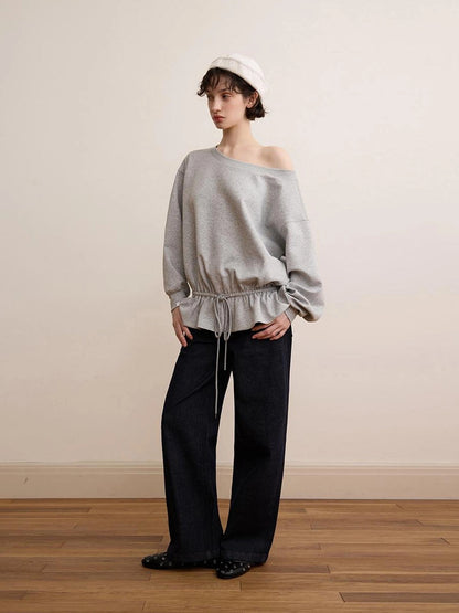 DKZ OFFICIAL Gray Asymmetrical Shoulder Pullover With Split Hem