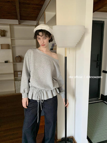 DKZ OFFICIAL Gray Asymmetrical Shoulder Pullover With Split Hem