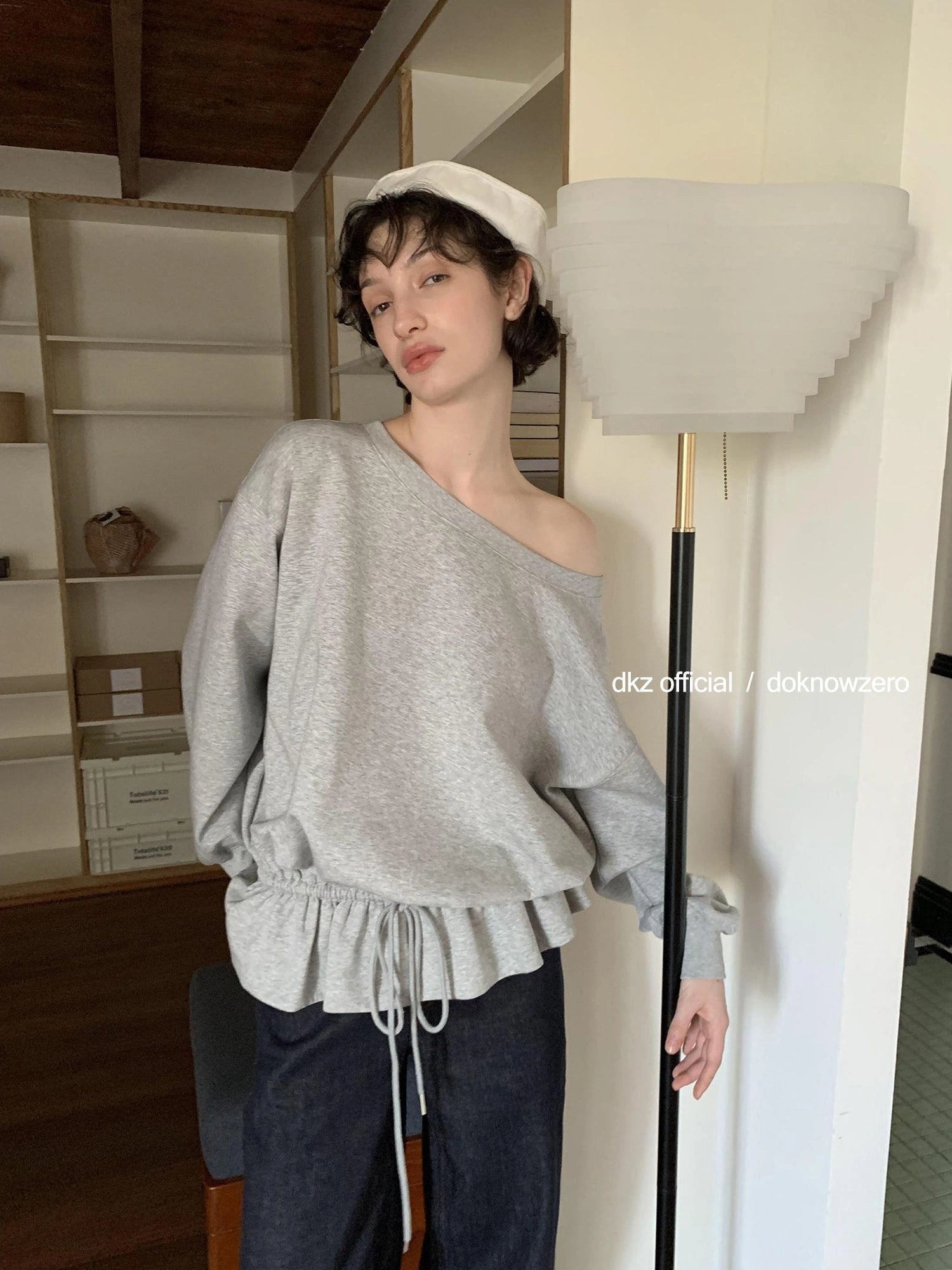 DKZ OFFICIAL Gray Asymmetrical Shoulder Pullover With Split Hem