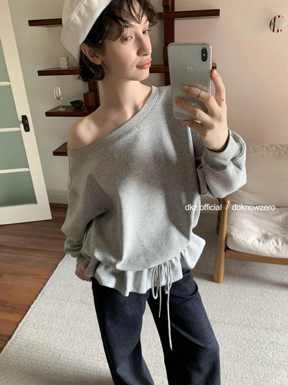 DKZ OFFICIAL Gray Asymmetrical Shoulder Pullover With Split Hem