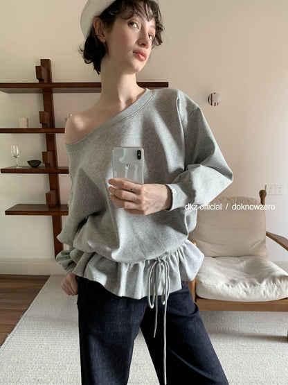 DKZ OFFICIAL Gray Asymmetrical Shoulder Pullover With Split Hem