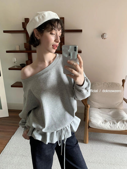 DKZ OFFICIAL Gray Asymmetrical Shoulder Pullover With Split Hem
