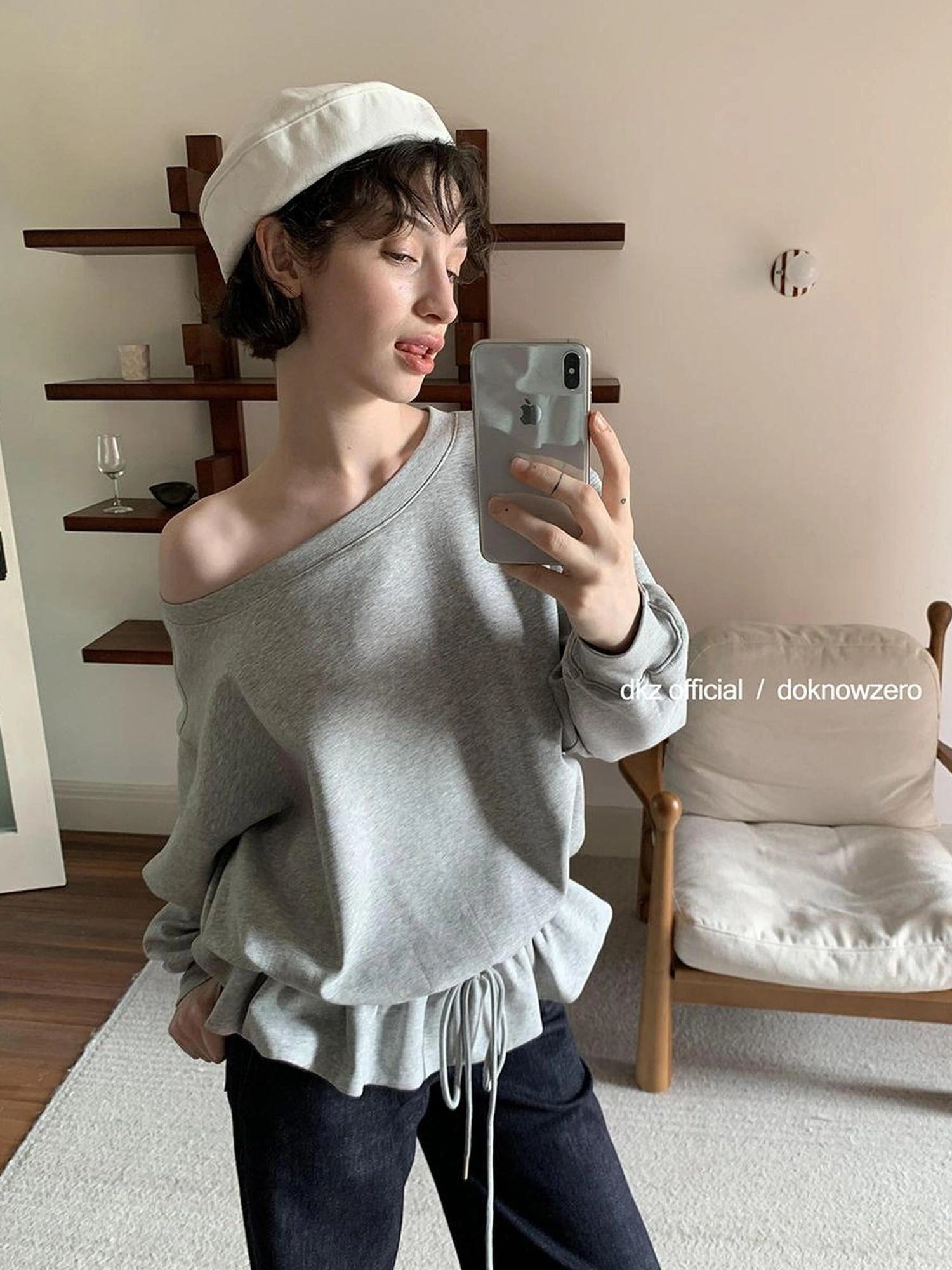 DKZ OFFICIAL Gray Asymmetrical Shoulder Pullover With Split Hem