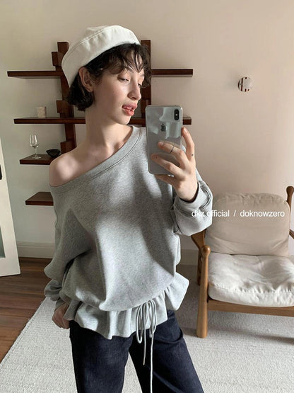 DKZ OFFICIAL Gray Asymmetrical Shoulder Pullover With Split Hem