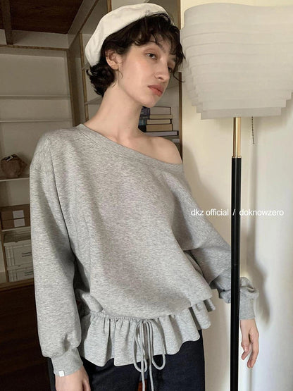 DKZ OFFICIAL Gray Asymmetrical Shoulder Pullover With Split Hem