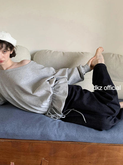 DKZ OFFICIAL Gray Asymmetrical Shoulder Pullover With Split Hem