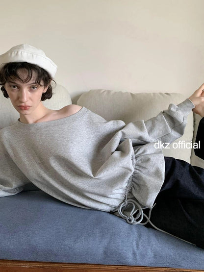 DKZ OFFICIAL Gray Asymmetrical Shoulder Pullover With Split Hem