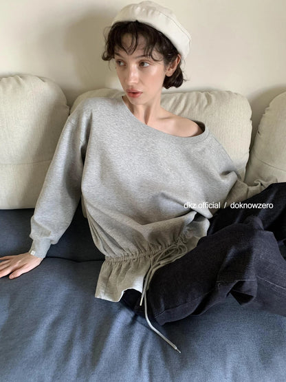 DKZ OFFICIAL Gray Asymmetrical Shoulder Pullover With Split Hem