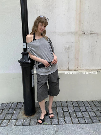 DKZ OFFICIAL Gray Batwing Sleeve T-shirt With Drawstring And Off-Shoulder Design