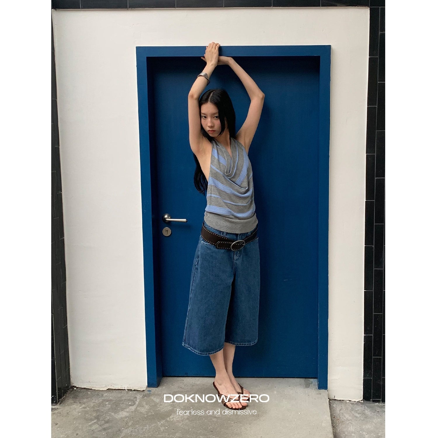DKZ_OFFICIAL_Gray_Blue_Striped_Open_Back_Cowl_Neck_Women&