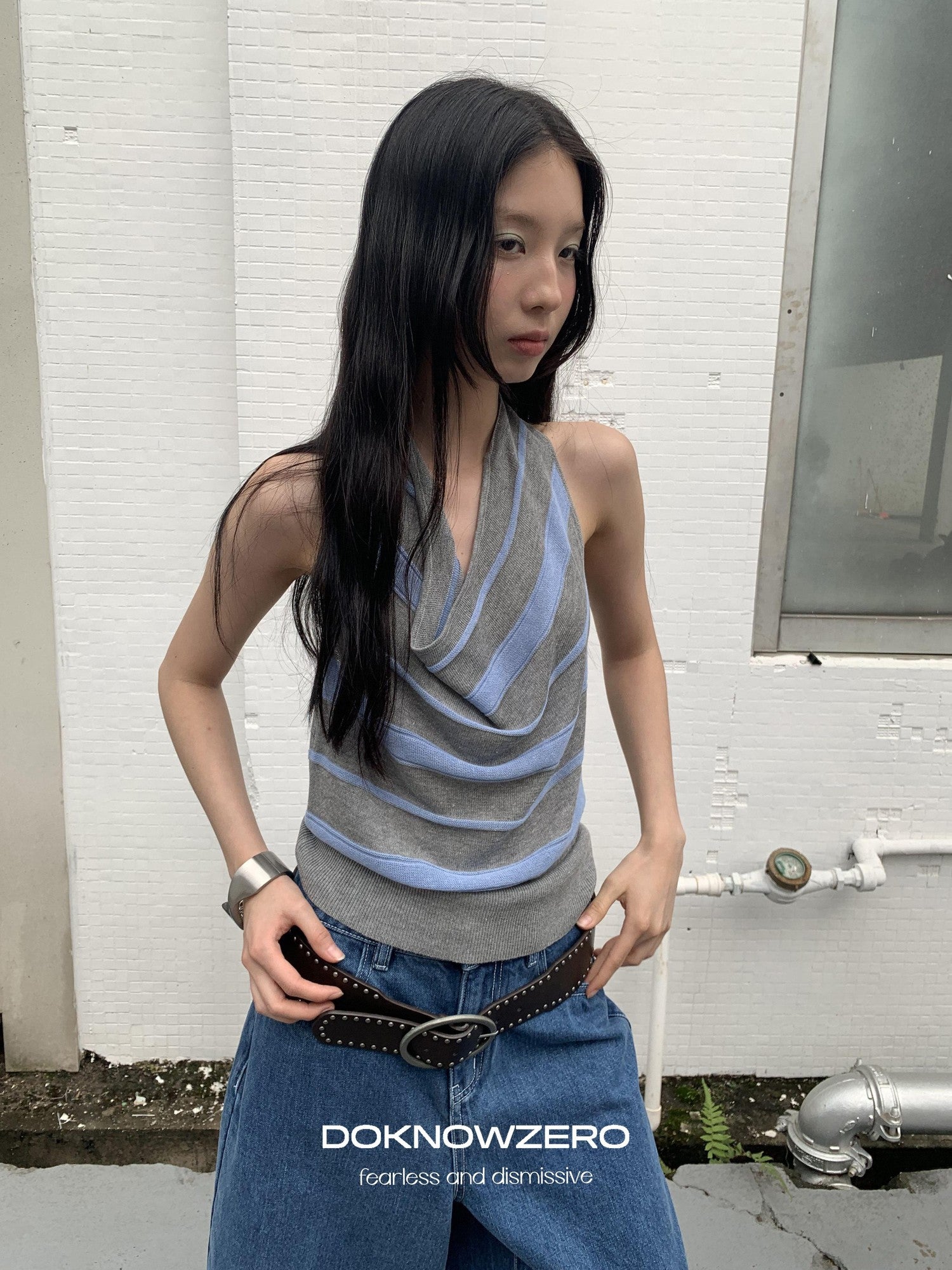 DKZ OFFICIAL Gray Blue Striped Open Back Cowl Neck Women&