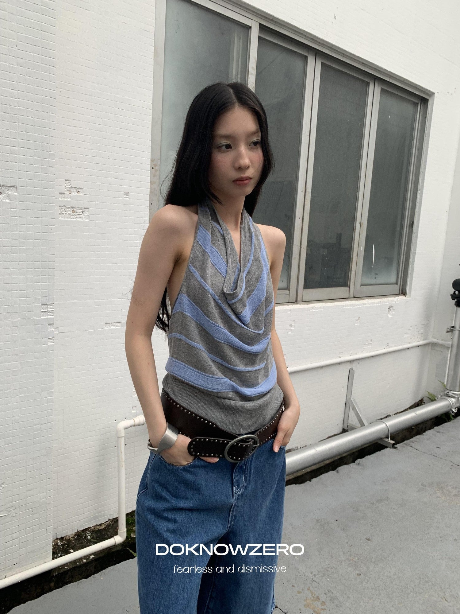 DKZ OFFICIAL Gray Blue Striped Open Back Cowl Neck Women&