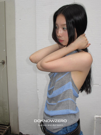 DKZ OFFICIAL Gray Blue Striped Open Back Cowl Neck Women&