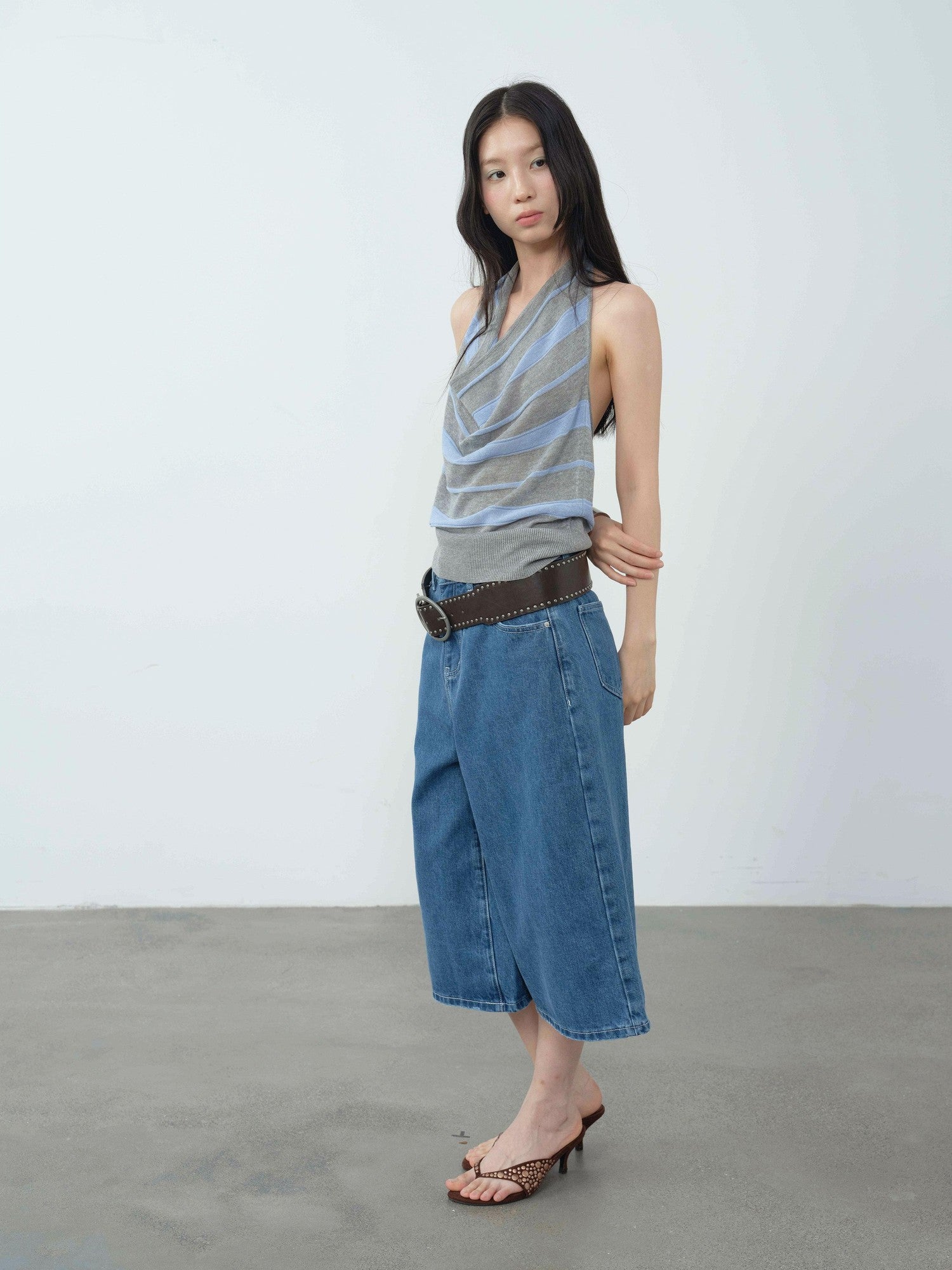 DKZ OFFICIAL Gray Blue Striped Open Back Cowl Neck Women&